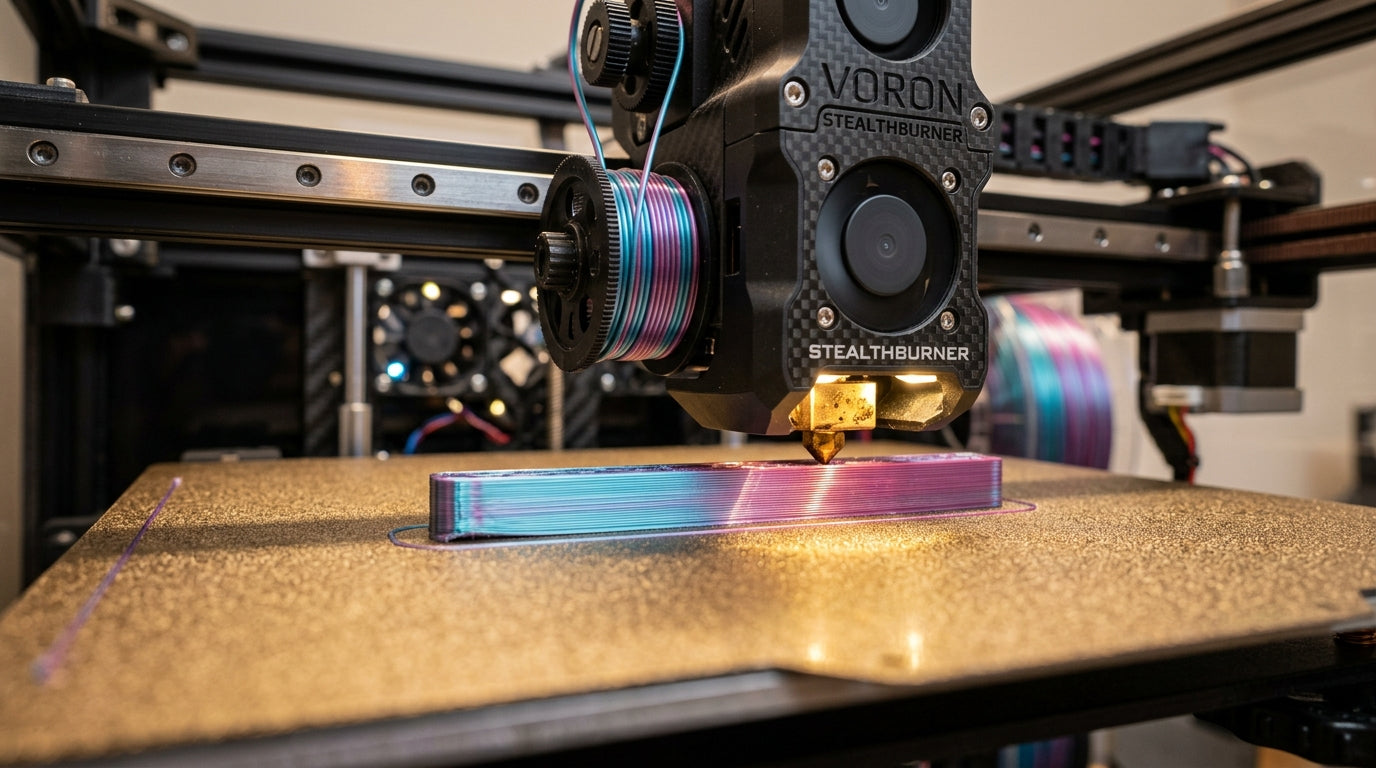 3D printer nozzle extruding dual-color silk filament on build plate